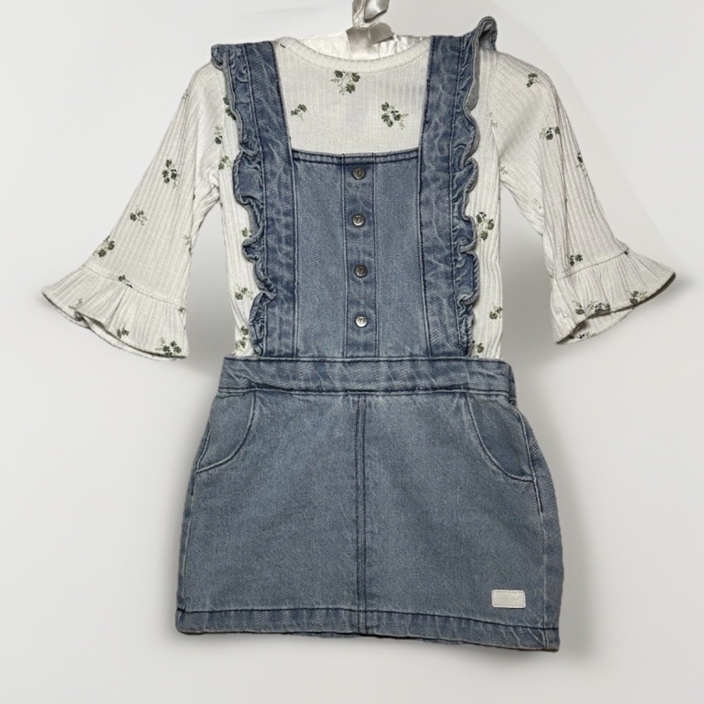 7 For All Mankind Denim Ruffle Jumper & Floral Shirt 2 Piece Baby Toddler 24M